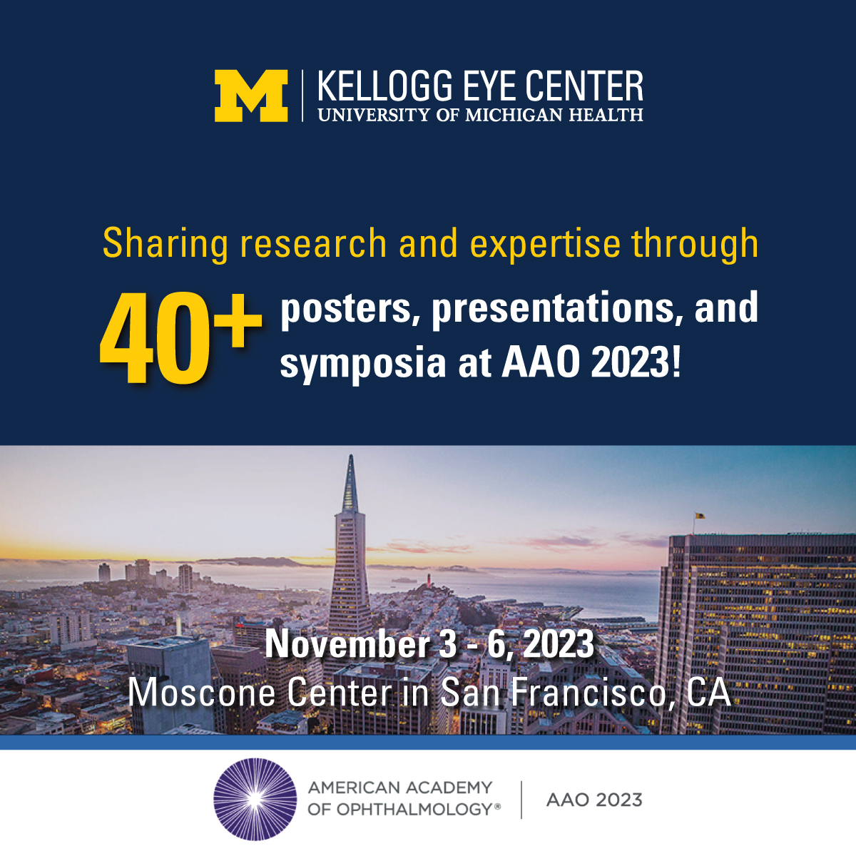 Come see us at #aao2023 as we showcase our department's incredible research and expertise through more than 40 posters, presentations, and symposia! For a detailed list of our schedule, please visit: medicine.umich.edu/dept/ophthalmo…