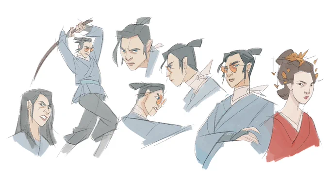 some loose sketches from watching #blueeyesamurai

only 3 episodes in so far, but it's really good 👀 (dunno if i should bother posting the lines without color for these but 🙃)

#sketch #doodles #fanart #mizu #akemi 