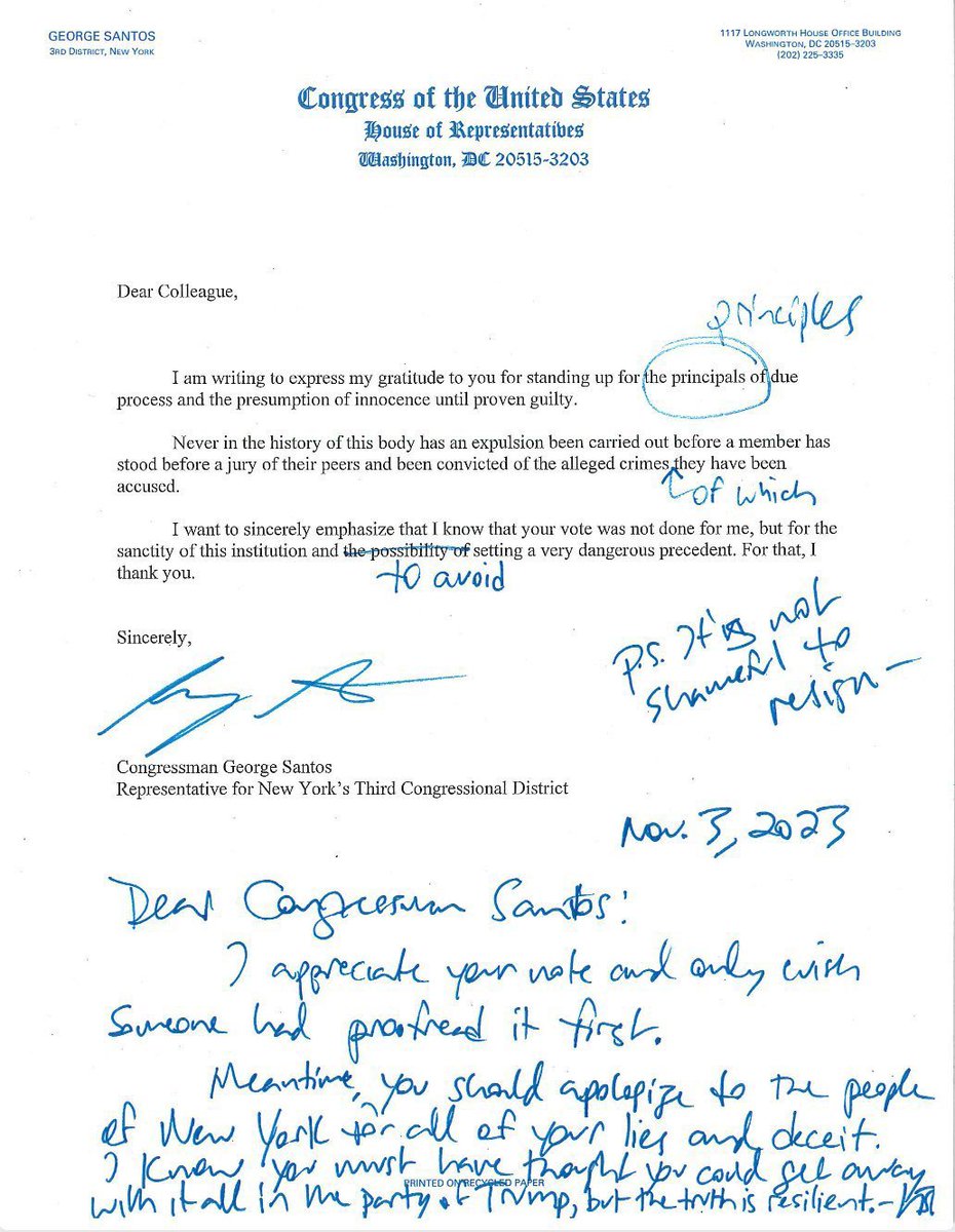 George Santos sent a thank you letter to all House members who voted against expelling him this week; Rep. Jamie Raskin took a copy of the letter and marked it up, correcting Santos' spelling and grammatical errors.

In his notes, Raskin said: "I appreciate your note. I only wish