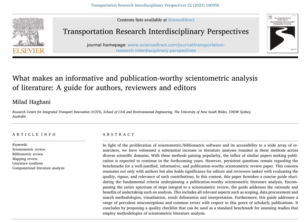 Milad_Haghani's tweet photo. Much is known about publication quality criteria for #SystemsticReviews and #MetaAnalysis. Equivalent guidelines were missing for large scope #computational literature analysis, that often employ #scientometric methods. I hope this helps fill this gap.
https://t.co/pdsXzEyYHb https://t.co/nYOLdftfQF