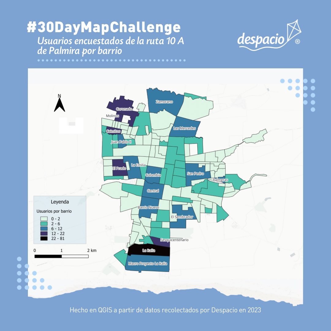 El mapa de hoy en el #30DayMapChallenge está basado en #Polygons 🗺️, con datos de un proyecto de recuperación del transporte público financiado por el <a href="/el_BID/">Banco Interamericano de Desarrollo</a> y <a href="/giz_colombia/">GIZ Colombia</a> en Palmira, Valle del Cauca. Se muestran los barrios a los que pertenecen los usuarios de la Ruta 10A. 🪁