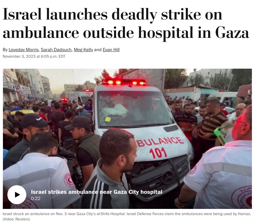 Israel claimed it killed 'a number of Hamas terrorist operatives' in a strike on an ambulance outside Gaza's biggest hospital today. Videos reviewed by The Post showed women, children and others in civilian clothes among the dead and wounded. washingtonpost.com/world/2023/11/…