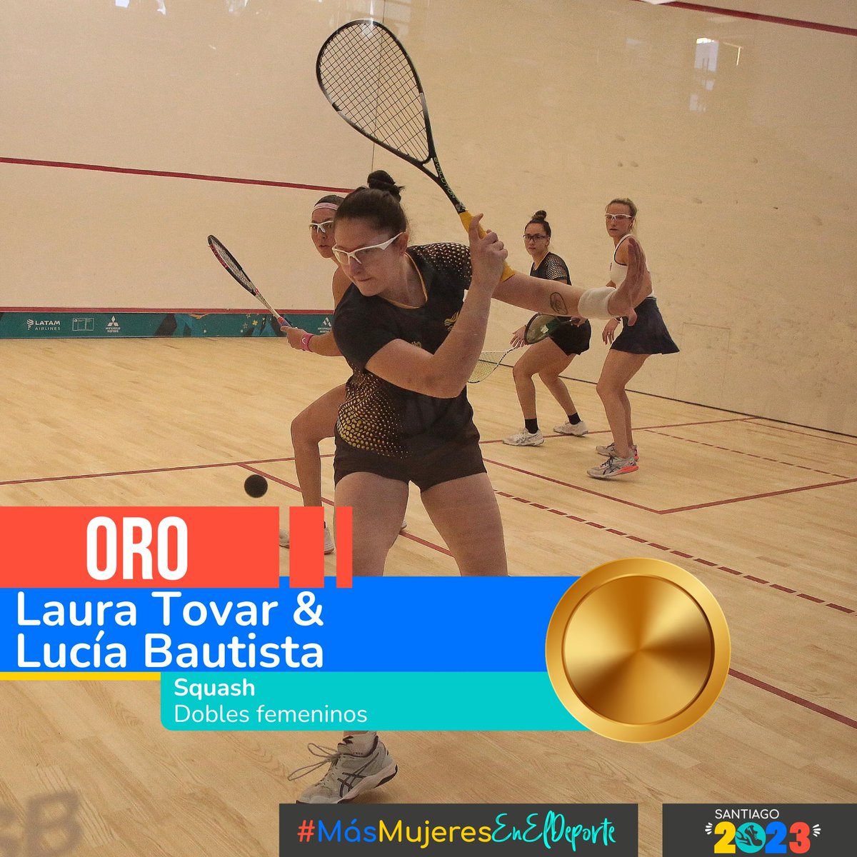 MinDeporteCol's tweet photo. 🥇| ¡Así se celebra un oro para Colombia! Volvemos a gritar campeonas en #Santiago2023 gracias a nuestras squashistas, Laura Tovar y Lucía Bautista 🙋‍♀️🙋‍♀️, que en la final del dobles femenino vencieron a Estados Unidos. ¡Qué grandes son! #MásMujeresEnElDeporte https://t.co/DYbsHhQmEQ