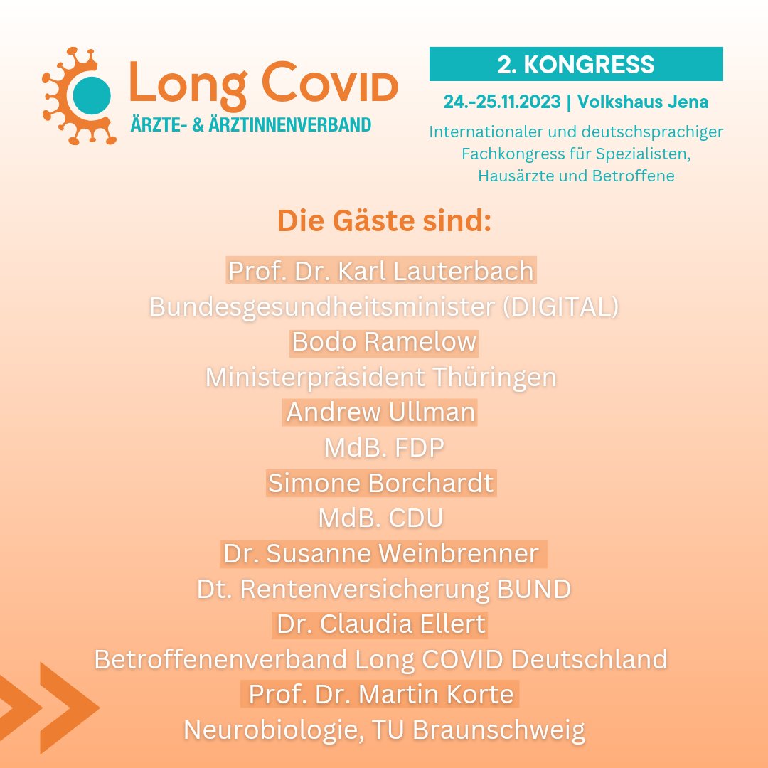 Am 𝟮𝟰.𝟭𝟭.𝟮𝟬𝟮𝟰 um 𝟭𝟴:𝟯𝟬 𝗨𝗵𝗿 wird im Rahmen des 2. #LongCovidKongress die 𝗣𝗼𝗱𝗶𝘂𝗺𝘀𝗱𝗶𝘀𝗸𝘂𝘀𝘀𝗶𝗼𝗻 zum Thema '𝗧𝗲𝗶𝗹𝗵𝗮𝗯𝗲 𝗺𝗶𝘁 𝗟𝗼𝗻𝗴 𝗖𝗢𝗩𝗜𝗗' stattfinden. Mit dabei sind u.a. Prof. Karl Lauterbach (𝘥𝘪𝘨𝘪𝘵𝘢𝘭), @bodoramelow, @claudia_ellert