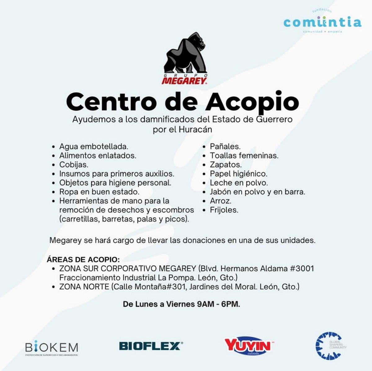 JUNTOS POR GUERRERO! 🫶🏼

En equipo con Fundación Comuntia, estaremos recibiendo donaciones para las personas damnificadas por el Huracán Otis.

❤️ Transportes Megarey se hará cargo de llevar las donaciones en una de sus unidades.

¡Ayudemos a quienes más lo necesitan! 

#León 🦁