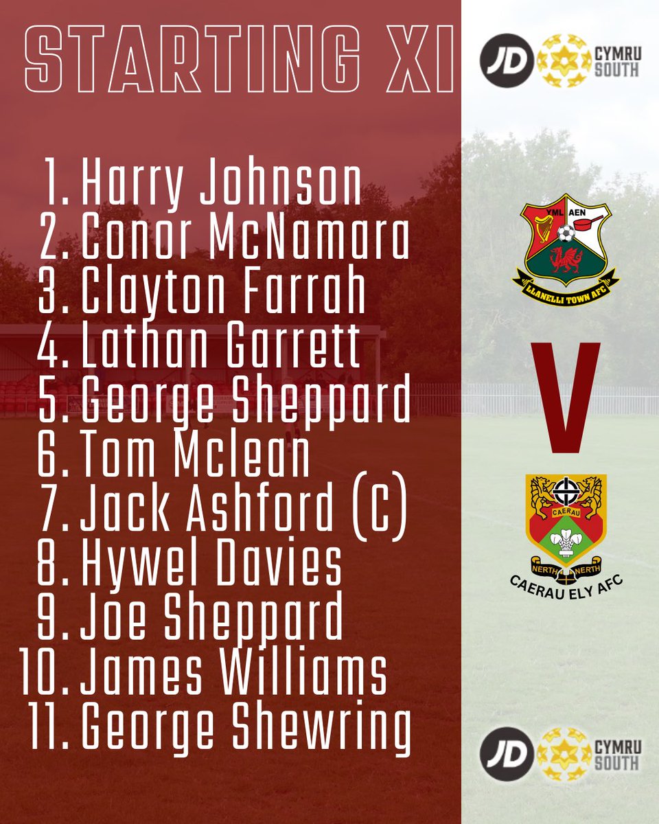 Tonight’s <a href="/CaerauElyFC/">Caerau Ely FC</a> starting 11 facing <a href="/LlanelliReds/">Llanelli Town AFC</a> in the #JDCymruSouth🏆 #YoungGuns #Wherewebelong 🔴⚫️