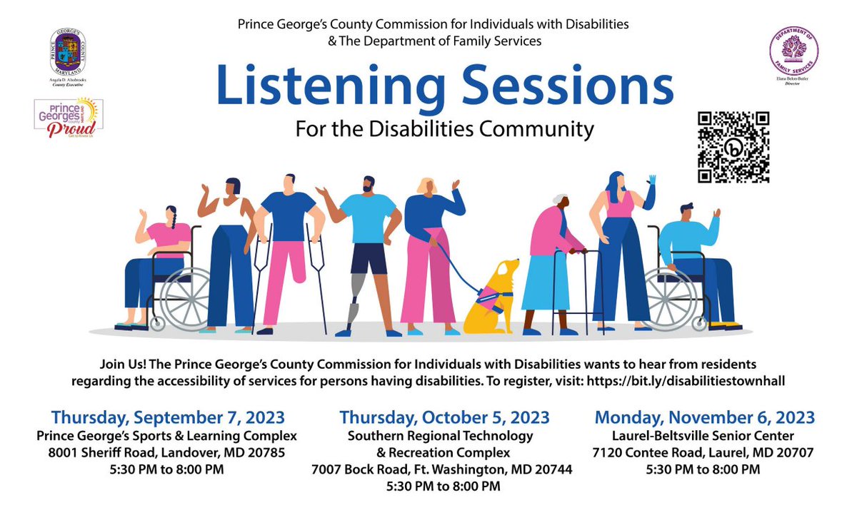 The Commission for Individuals with Disabilities last listening session will be on November 6 for residents to share their concerns and comments regarding accessible services within Prince George’s County. Please show up, connect and feel free to share this information.