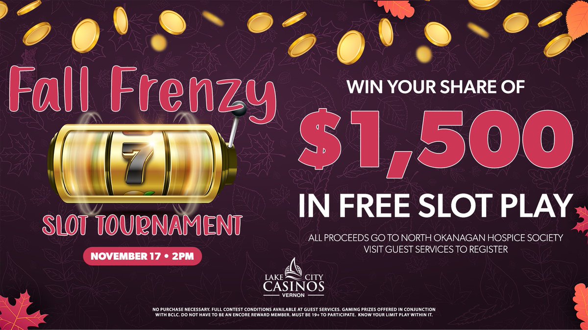 BlueGeckoGX's tweet photo. Fall Frenzy Slot Tournament Nov 17 at 2pm. Win your share of $1500 in FREE Slot Play https://t.co/dBgBHTdKH0   #lakecitycasinosvernon #vernon #casinos https://t.co/PfFVuiOBCj