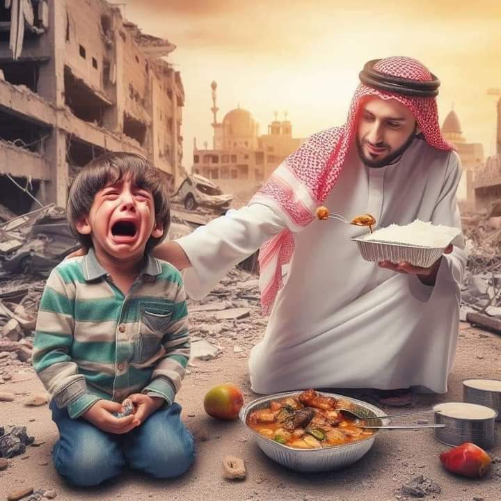 عرب ممالک میں گردش کرتی تصویر بیٹا یہ چاول اور گوشت کھاو تم خوش قسمت ہو کہ بچ گئے😥 ہم اس سے زیادہ تمہاری کچھ مدد نہیں کرسکتے 🙏 ہر جگہ مُسلمانوں کو امن وامان کے نام پر کم ہمت وبزدل بنادیا گیا اور غیرت اِسلامی کا تو کہیں بھی نام ونشان نہیں 😢 #GazaAttack #IsraelTerorrist
