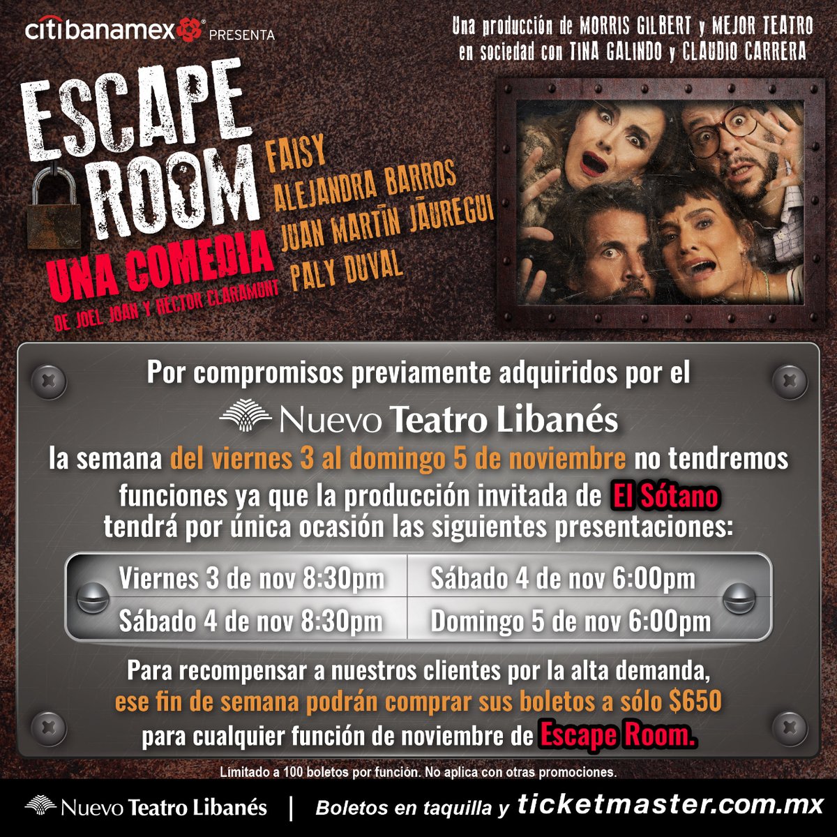 ¡ATENCIÓN! Este viernes, sábado y domingo no hay funciones de #EscapeRoom y por eso tenemos para ti esta increíble promoción para que no te la pierdas la próxima semana.

🔥 ¡Aprovecha!
👓 <a href="/faisirrito/">Faisy 🐺</a> | 🪞 <a href="/alealebarros/">Alejandra Barros</a>
🎬 <a href="/juanmartinj/">Juan Martin Jauregui</a> | 🧪 <a href="/PalyOficial/">Paly</a>
🎟️ bit.ly/EscapeRoom650