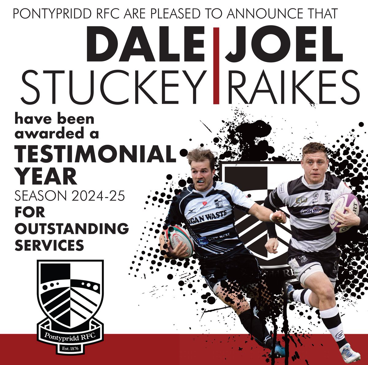 𝗧𝗘𝗦𝗧𝗜𝗠𝗢𝗡𝗜𝗔𝗟 𝗬𝗘𝗔𝗥 𝗙𝗢𝗥 𝗦𝗧𝗨𝗖𝗞𝗘𝗬 𝗔𝗡𝗗 𝗥𝗔𝗜𝗞𝗘𝗦 🫶

We are pleased to announce that Club stalwarts <a href="/StuckeyDale/">Dalestuckey</a> and <a href="/JoelRaikes/">Joel Raikes</a> have been awarded a joint-testimonial year for the 2024/25 season 🤝

ℹ️Read more🔗👉ponty.net/testimonial-ye…

#WeArePonty🖤🤍