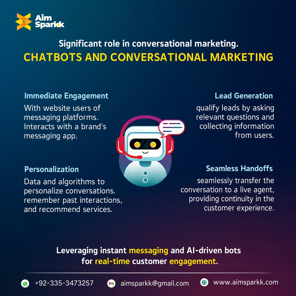 aimsparkk's tweet image. Boost your business with AI-powered chatbots! 🚀 Engage customers effortlessly and drive conversions with conversational marketing. #Chatbots #ConversationalMarketing #DigitalMarketing
