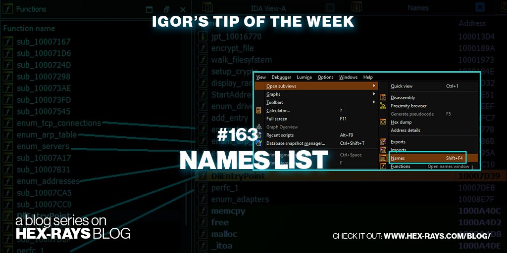 HexRaysSA's tweet photo. The file should have a function, but it's not in the Functions list? Check the Names list, and maybe you'll find it 🌐 https://t.co/3sz2VEa2Yy

#IgorsTipOfTheWeek #IDAtips #IDAPro https://t.co/LgMniXNicY