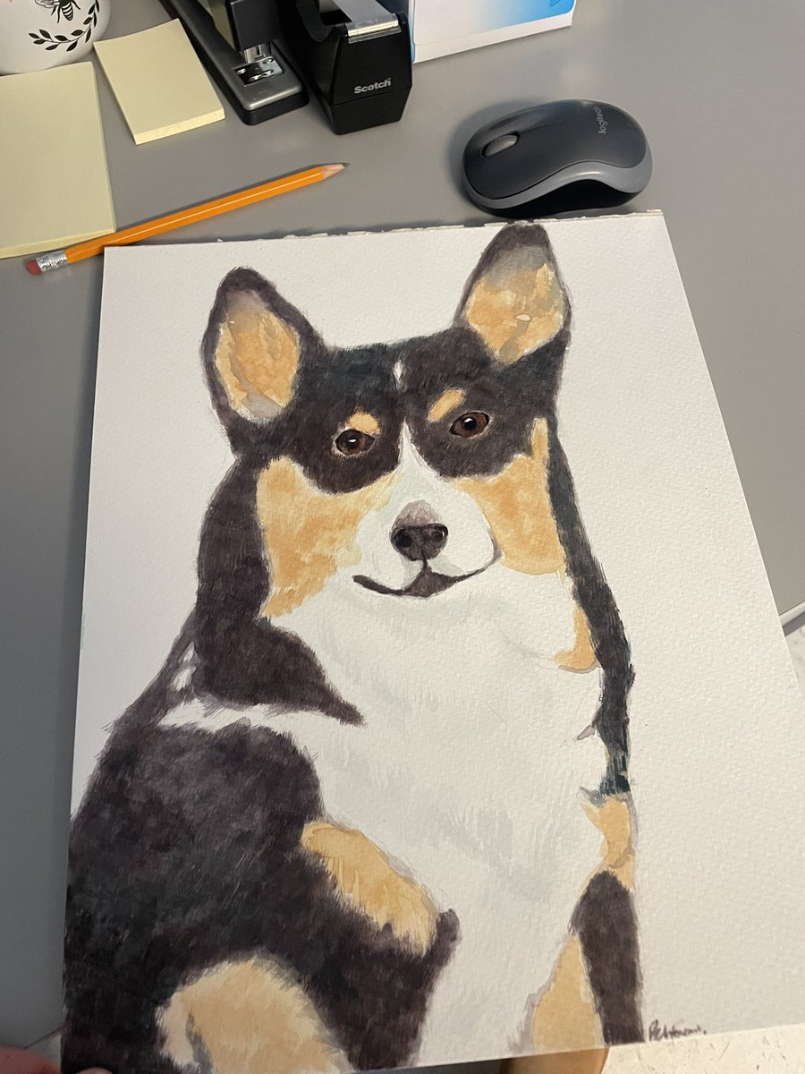Good morning! Please enjoy the painting of a corgi that I started this morning at work