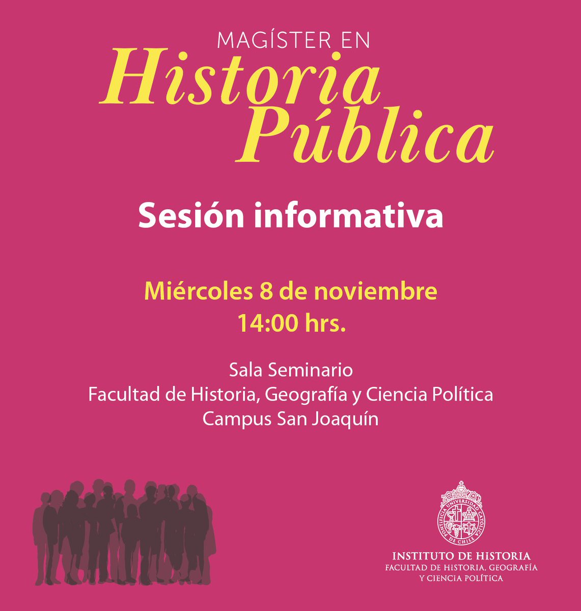 Historia_UC's tweet photo. ¿Cuál es el plan curricular? ¿A quiénes está dirigido? ¿Cuál es el campo profesional?, son algunas de las preguntas que serán respondidas en la charla informativa de nuestro nuevo “Magíster en Historia Pública”, programa único en Chile🇨🇱

Cuando? 8/NOV⏰14.00

Les esperamos‼️ https://t.co/XTguh19li8