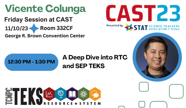 How familiar are you with the new science TEKS? What are the SEPs? What are the RTCs? With TEKS implementation only one year away, now is the perfect time for you to join us for an interactive session where we dive deep into these two important elements!

#STATCAST23 #TEKS_RS