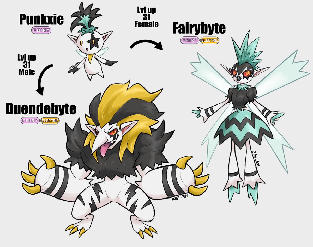 It’s #FakemonFriday and I have to post some of my fairy type pokemon hehe, punkxie based on pixies of course, and it’s evolutions Duendebyte and Fairybyte, based on punk rock aesthetics and fae folk 🧚‍♀️⚡️
#Fakemon #Pokemon #OriginalArt