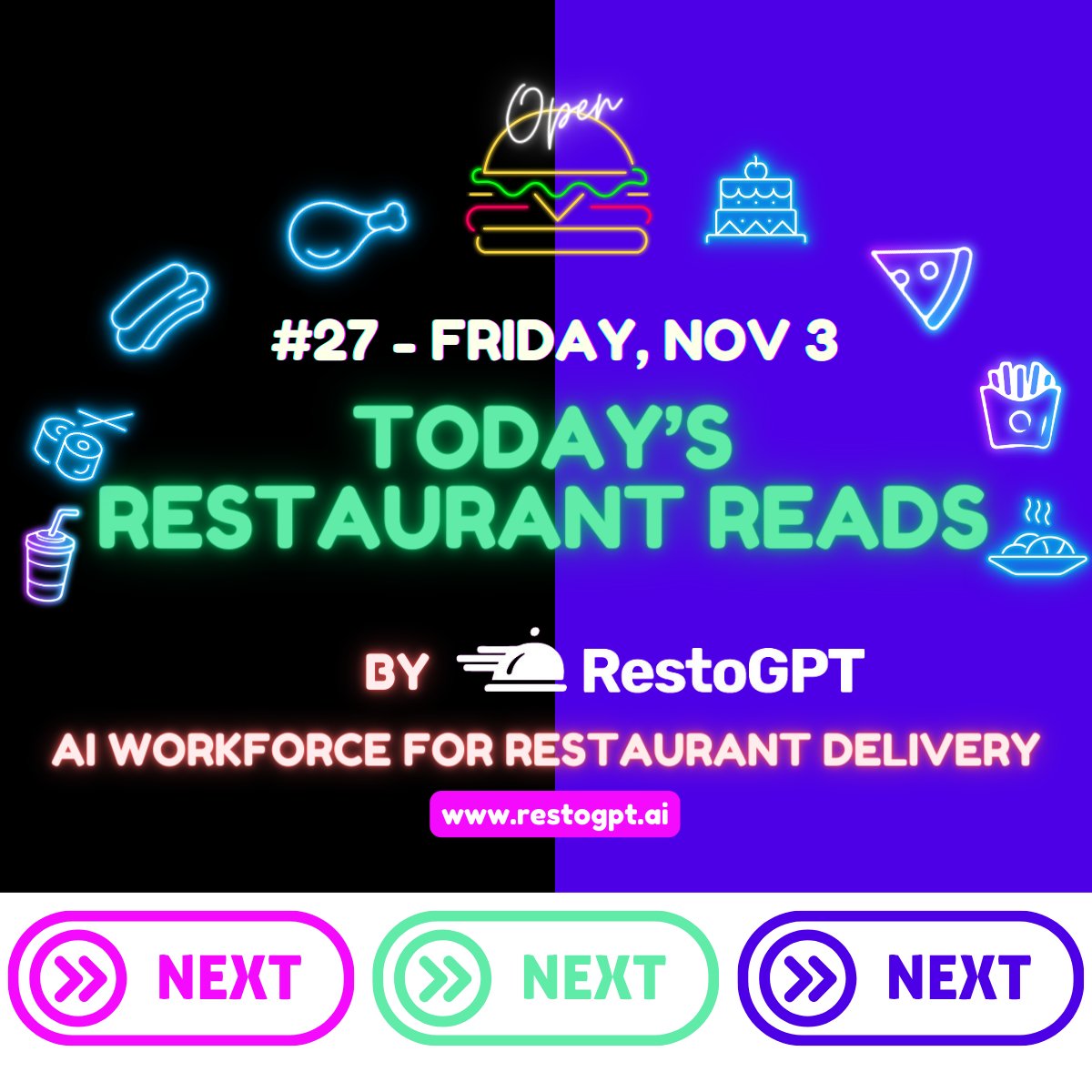 zwipeco's tweet photo. 𝐓𝐎𝐃𝐀𝐘'𝐒 𝐑𝐄𝐒𝐓𝐀𝐔𝐑𝐀𝐍𝐓 𝐑𝐄𝐀𝐃𝐒 (𝐅𝐑𝐈, 𝐍𝐎𝐕 𝟑): Restaurant Employment Declines, Yum Brands Testing Voice AI, Wendy's $1.8bn in DIGITAL?! 🍔

1️⃣ Restaurant Employment Declined in October (@WeRRestaurants )
2️⃣ @yumbrands (@pizzahut, @kfc, @tacobell) is Testing Voice AI, Beverage Automation (@NRNonline)
3️⃣ @Wendys Sees $1.8 Billion Full-Year Digital Opportunity Amid Loyalty Growth (@pymnts )

Brought to you by RestoGPT AI, which provides restaurants a custom delivery storefront that is ready to receive, process and deliver orders in 24 hours. Fully managed by AI.

#restaurants #restaurantowner #restauranttech #restaurantindustry #fooddelivery #BREAKING