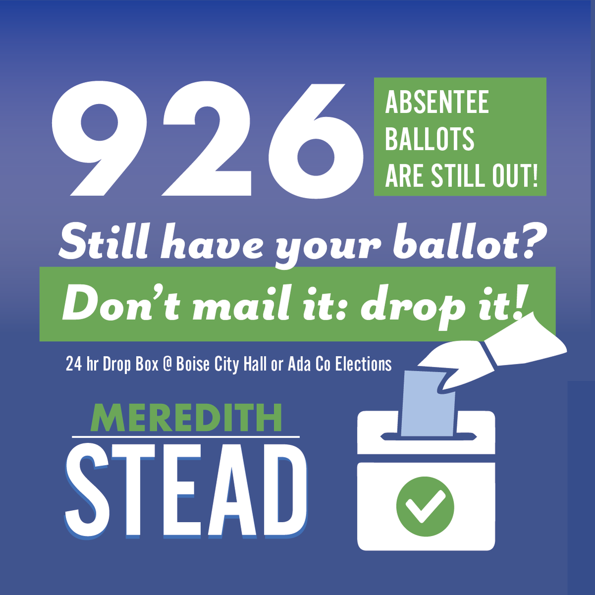 📢If you haven't already mailed your absentee ballot, don't! Postmarked ballots will not be counted.

🗳️Take it to a 24-hour ballot drop box in front of Boise City Hall or Ada County Elections to make sure your vote is counted. All ballots must be received by 8PM on November 7th.