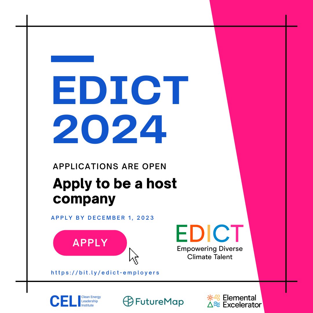 Energy_Leaders's tweet photo. Calling #climate companies! 📣🌍  Employer apps to host a summer intern through EDICT 2024 are open! Join the movement to build a stronger climate sector through workplace diversity and inclusion. Apply by Dec 1!  #EDICTInternship #ClimateAction #DiversityInTech #Sustainability https://t.co/1ePNrNtkA0