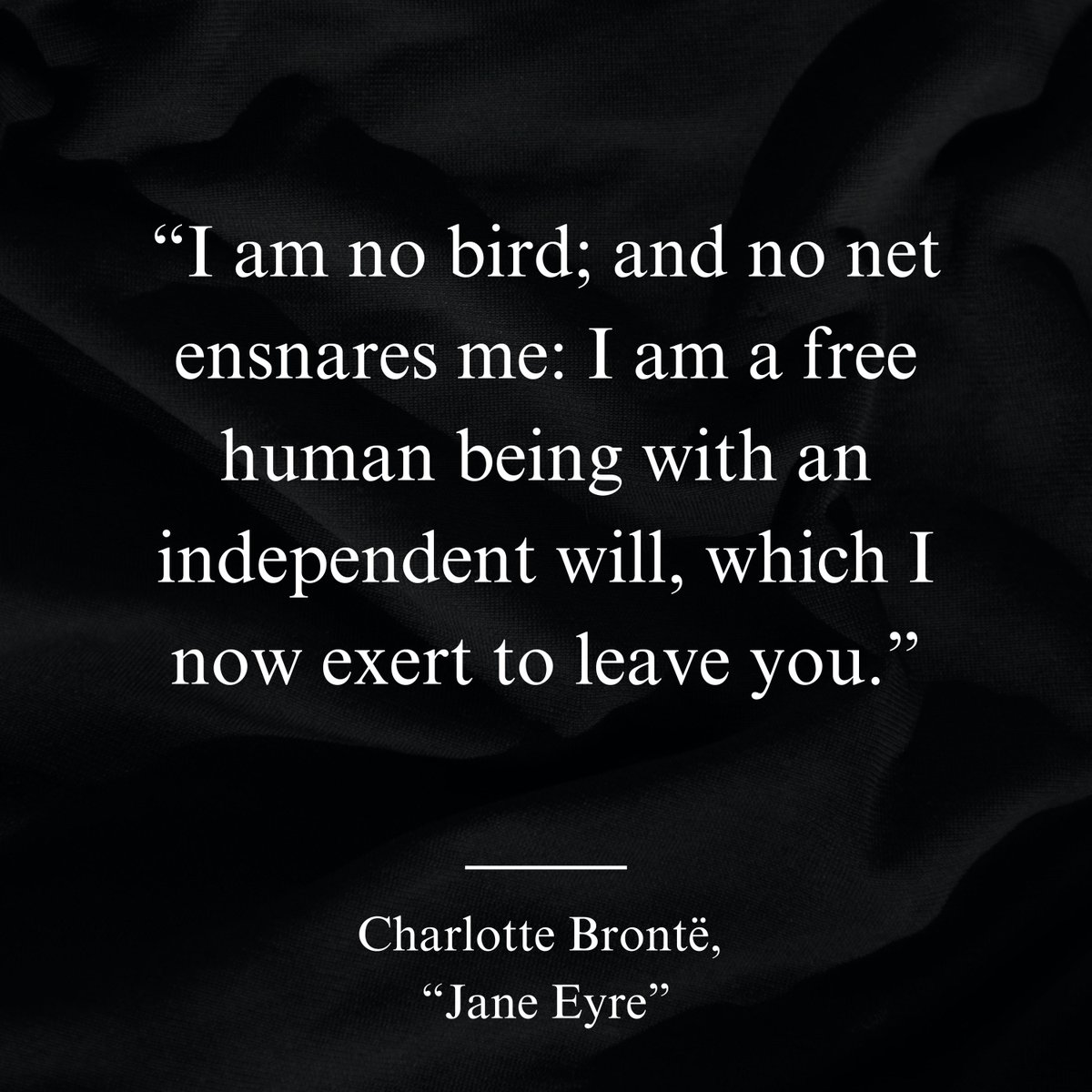 ytiquote's tweet photo. “I am no bird; and no net ensnares me: I am a free human being with an independent will, which I now exert to leave you.” — Charlotte Brontë, Jane Eyre
📖: https://t.co/mhRiWG9txN https://t.co/6vtZrqnkOe