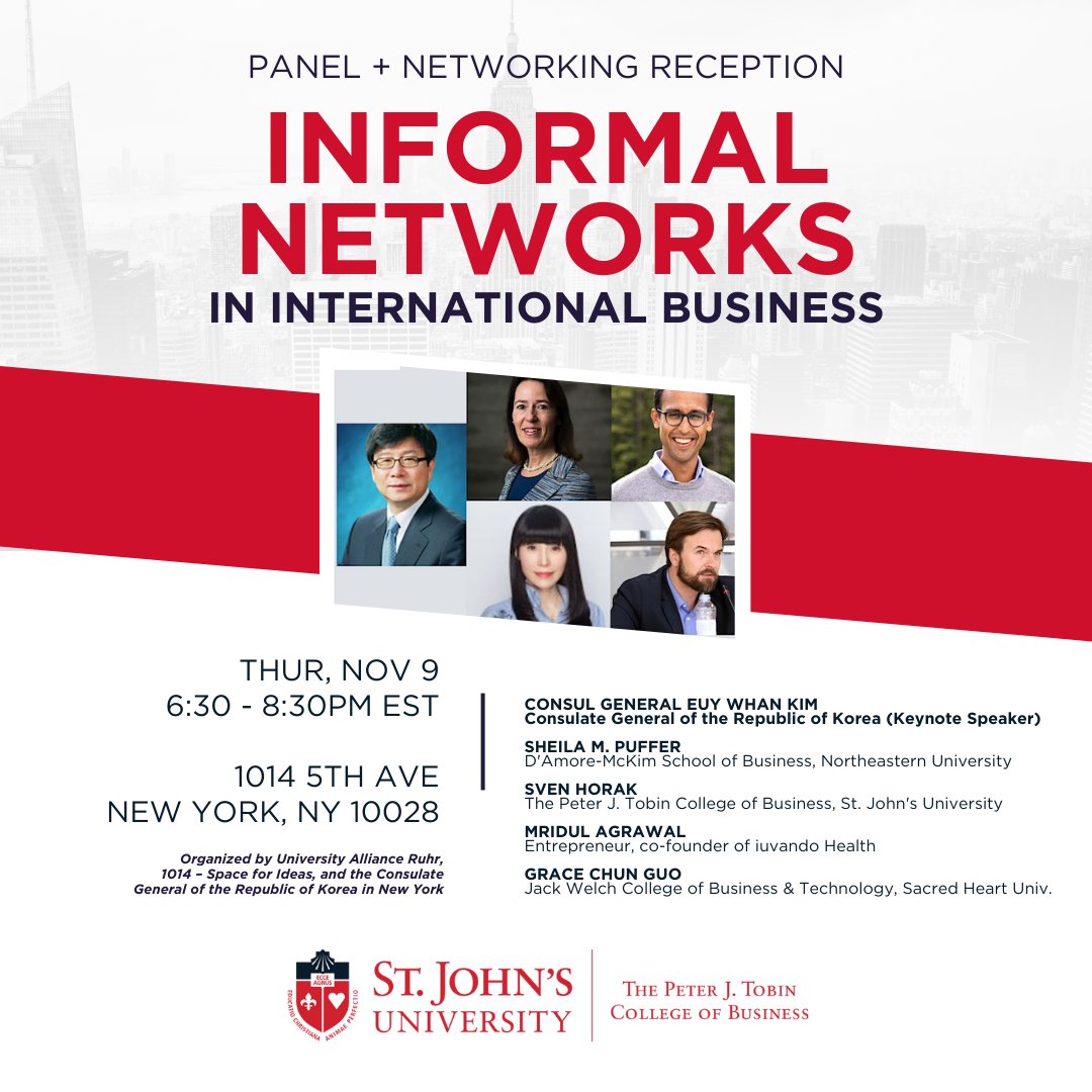 tobincollege's tweet photo. @StJohnsU @tobincollege @svenhorak invite you to hone your networking skills at a free, interactive panel discussion, "Informal Networks in International Business," Thur, Nov 9 6:30-8:30PM ET at @1014nyc. @JoinUsNewYork Consulate General of the Republic of Korea delivers keynote. https://t.co/YvZEqCyaIH