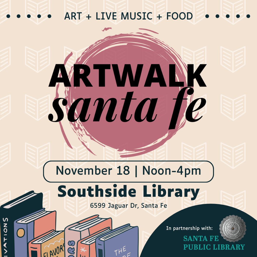 📚 We'll be celebrating our second-to-last #ArtwalkSantaFe of the year at the Southside Library on Sat 11/18 noon to 4pm. We'll have live music and 30+ local artists and creators so you can start your holiday shopping by #supportinglocal! More details at artwalksantafe.com
