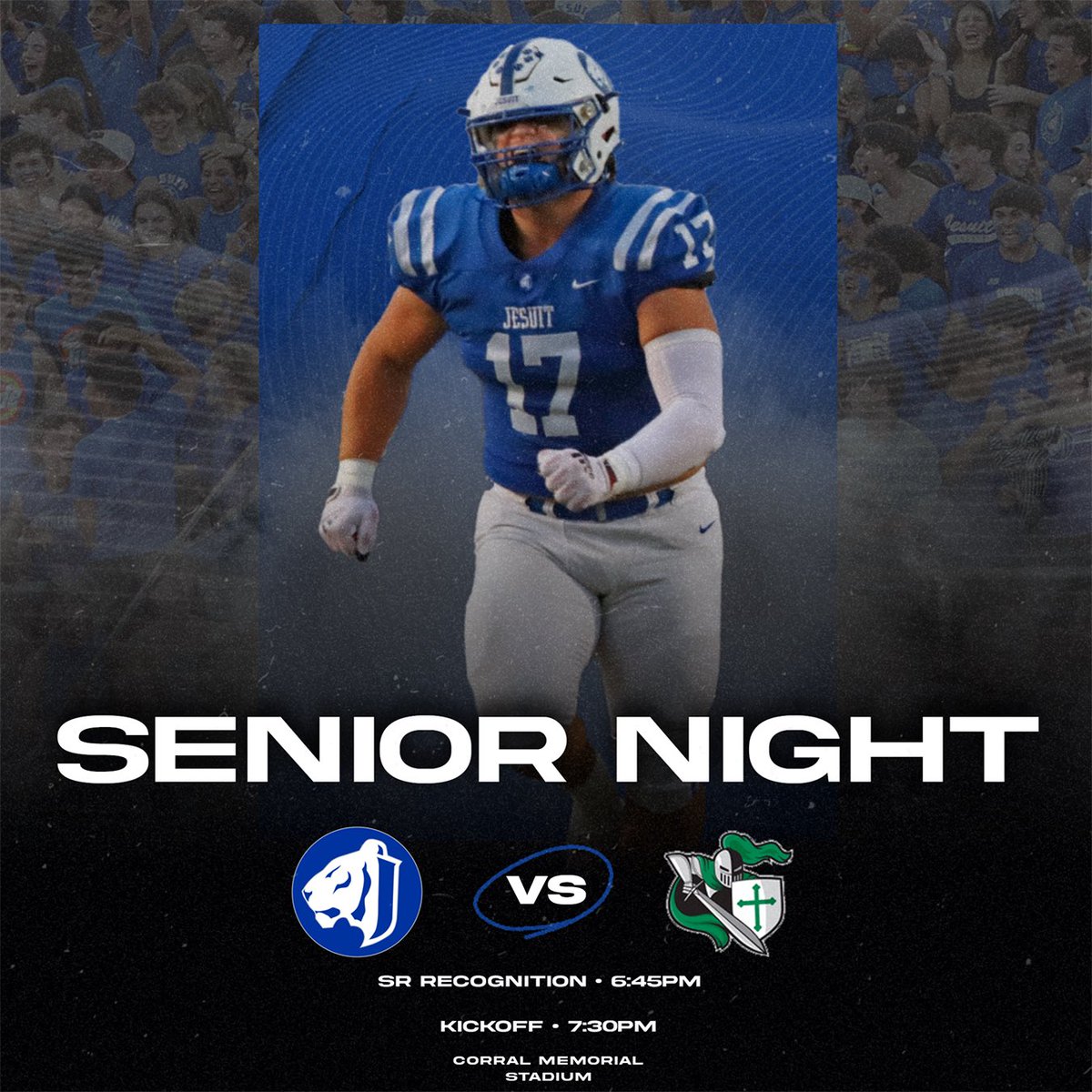 Before the big football game tonight, come out and celebrate the seniors.

The pregame ceremony at Corral Memorial Stadium begins at 6:45pm, kickoff is at 7:30.

#AMDG #GoTigers #JesuitFootball