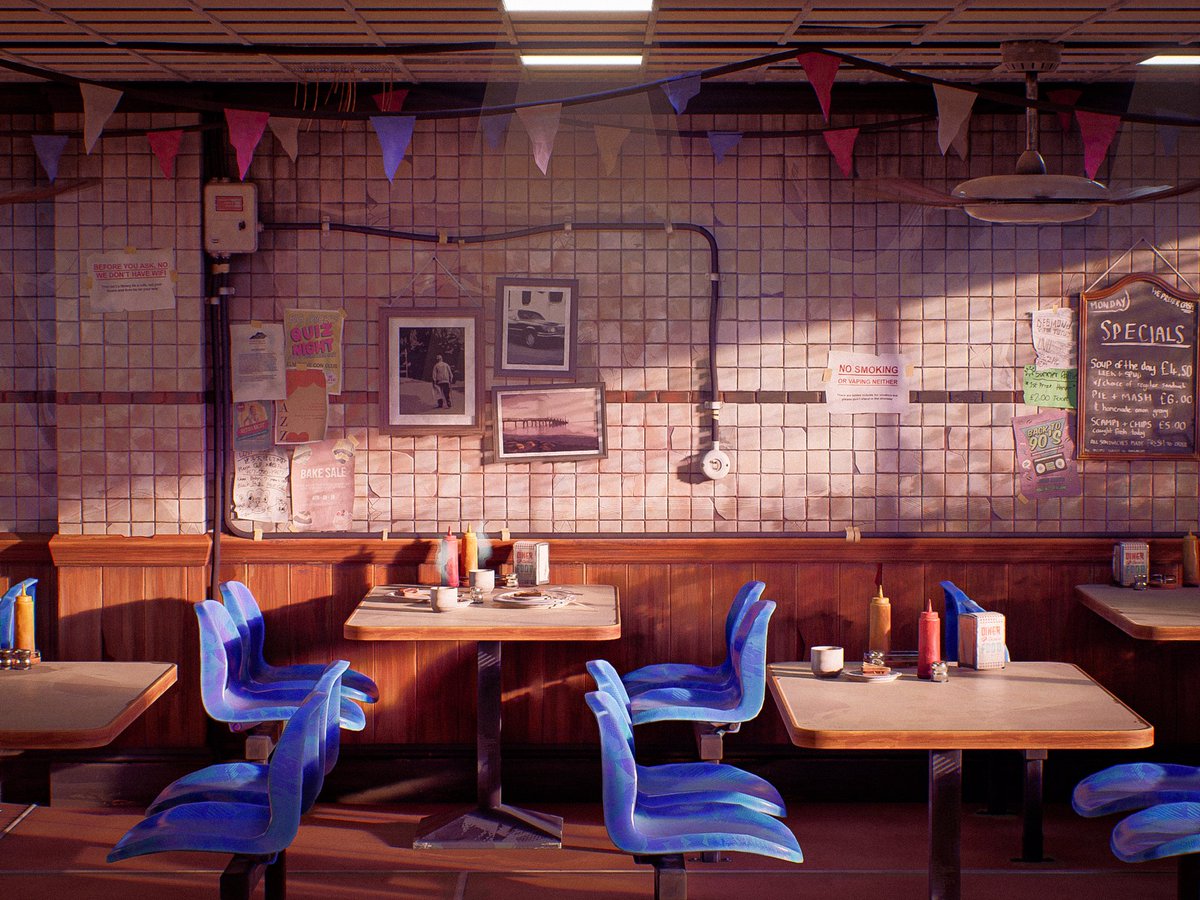 My greasy spoon cafe project is finally done! It's taken longer than anticipated, but exploring this hand painted style has been really fun and I've learned lots along the way. 

Artstation post linked below with some more renders and some breakdown bits too 👇