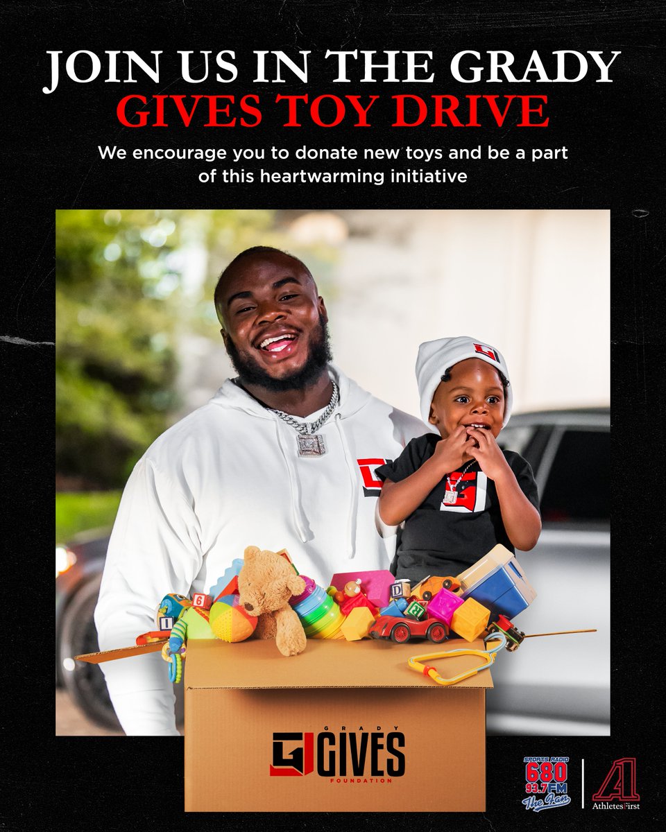 As part of the Athletes First Day of Giving on Tuesday, 11/7, we are excited to collect new toys for our Grady Gives Toy Drive ❤️

📍 Join us at the Academy Sports in Buford from 2-4pm to donate new toys and be a part of this heartwarming initiative 🙏🏼
#GradyJarrett
