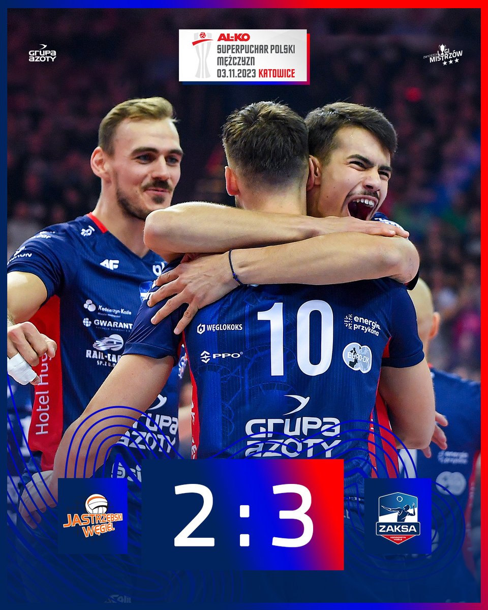 #ThisIsZAKSA ‼️ #ALKOSuperpucharPolski  𝗝𝗘𝗦𝗧 𝗡𝗔𝗦𝗭 🏆🏆🏆 

Jastrzębski Węgiel vs Grupa Azoty ZAKSA Kędzierzyn-Koźle 2:3 (25:20, 26:24, 29:31, 19:25, 12:15)