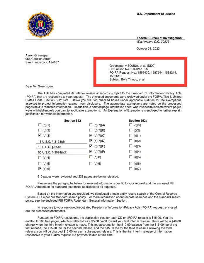 McPilot7's tweet photo. "THE FBI FILE, THE TWERKING OF BAYO ORANGUTAN AND THE NIGERIAN MEDIA 
The FBI has started releasing the criminal files of Bola Tinubu. Expectedly, the Nigerian main stream media is quiet. They won’t touch it. This is simply because Bayo Orangutan sorry, Onanuga, has been twerking to various media houses, sharing millions in brown envelopes to keep journalists playing the ostrich. 
Few days ago, Onanuga had written his usual gibberish, attempting to celebrate the sudden volte-face made by the FBI not to release any file containing Bola Tinubu’s name linking him to a drug crime in the U.S.
Unfortunately, that was not the case. The files indicated Bola Tinubu et al, as members of a drug cartel who operated in Chicago. Lee Andrew Edwards, Adegboyega Akande, Abiodun Agbele, and Bola Tinubu were all investigated and indicted by Agent Kevin Moss for drug deals in Chicago and Gary, Indiana. These are documented facts!
The few files released so far from the painstaking work done by Aaron Greenspan of Plainsite and our own dogged and thoroughbred David Hundeyin should have triggered curiosity, more digging and front page reporting. No. As long as Tinubu’s brown envelopes continue to flow, Nigeria can be ruled by a Pablo Escobar, Lawrence Anini, Adolph Hitler, Idi Amin and their likes and all will all be fine. 
A serious country with a vibrant media space should be alarmed that the released FBI files has clearly showed that the man parading Aso Rock as President, was indeed a member of a drug cartel in Chicago. This is a major dent on the nation and her citizen. That we have become so lazy that our leadership selection processes lack integrity, diligence and credibility, exposes the deep rot in our morals as a people. How did Tinubu pass with all the baggage around him as a criminal and everywhere is in pin drop silence. The media and the citizens, just like the Judiciary, must have been thoroughly dazed that all is now in a rat race for the season of “emi lo kan;” get your share and become an Ostrich. There was a country indeed" cc:@jacksonpbn