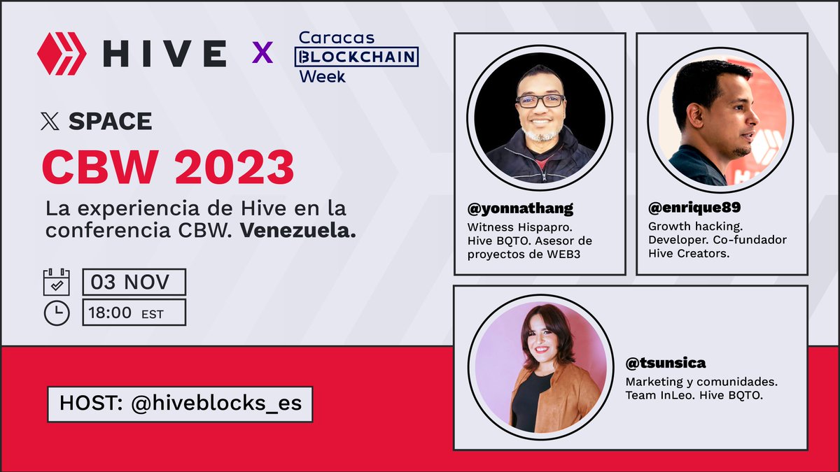 Hoy a las 6 PM - Hora Venezuela, estaremos compartiendo la experiencia de #HIVE en la .<a href="/CCSBlockchainWk/">Anibal Garrido</a> a través un X Space.

¡Te esperamos!