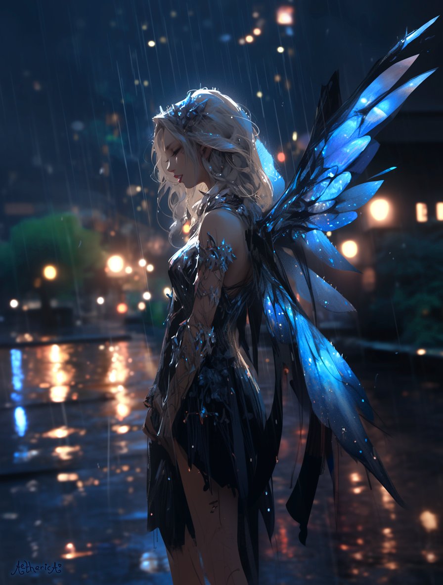 AethericaX's tweet photo. Rain Fae
Beneath the shimmering veil of rain, a faery strolls, her laughter a melody in the urban refrain, as the night's embrace guides her flight to dreams anew. Goodnight, and may your dreams guide you.
#SeraphimConstruct #7WP #Worldbuilding #ConceptArt