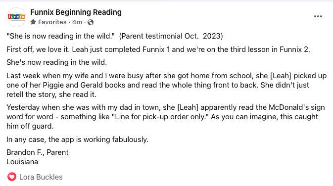 FunnixReading's tweet photo. "She's now reading in the wild." Parent testimonial, Oct. 2023 from Brandon F., Parent, Louisiana @EduConsumersFdn @ehanford @EngelmannBecker #DirectInstruction #Engelmann #literacy https://t.co/JC9KLb6wt9
