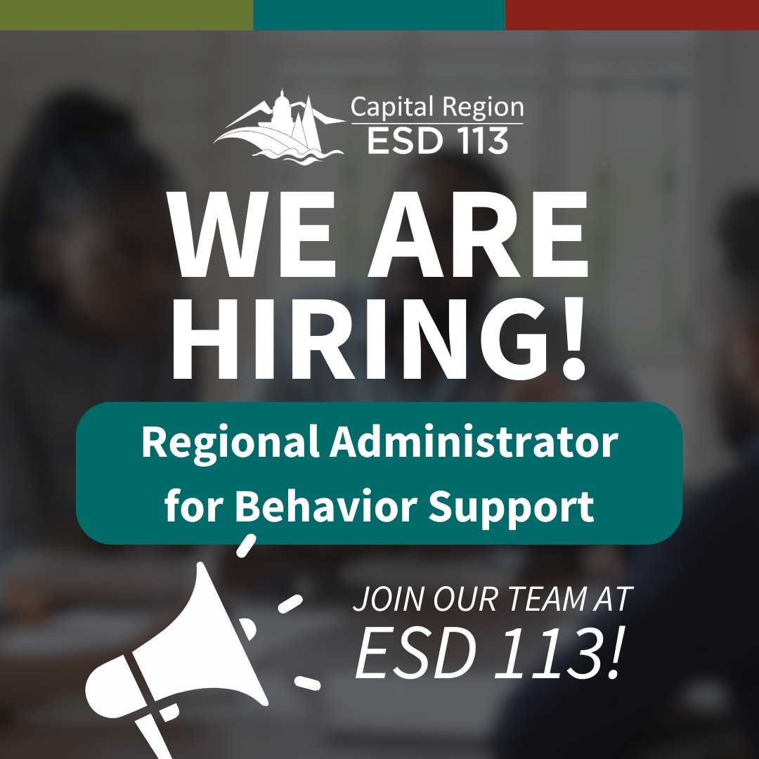 We're hiring a Regional Admin. for Behavior Support! bit.ly/3ShrhzB

$46.15–$56.10 hourly
Benefits may include Med/Vision/Dental Ins; FSA/DCAP; Life/AD&amp;D Ins; LTD Ins; EAP; Retirement; DCP; Annual/Sick/Personal Leave &amp; Holiday pay

#WeAreESD113 #EduChat #EduJobs