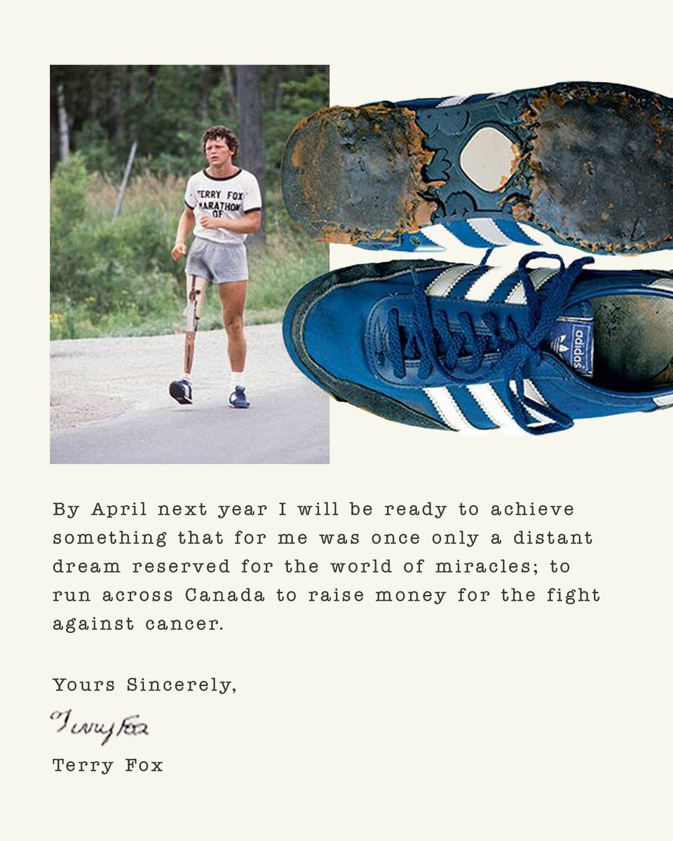TerryFoxCanada's tweet photo. #OnThisDay - November 3, 1979

Terry wrote to @adidas asking them to donate running shoes for his Marathon of Hope. After 5,373 km, Terry went through 10 of his iconic blue Orion shoes. One on his right foot and nine on his left. 

Letter courtesy of the Terry Fox Centre. https://t.co/uyrDDoLlmy