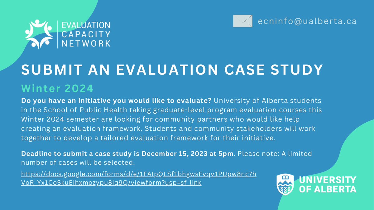 Do you want evaluation for an initiative?

University of Alberta students taking graduate-level program evaluation courses this winter are looking for community partners who would like help creating an evaluation framework!

Submission link: rb.gy/n22a95
