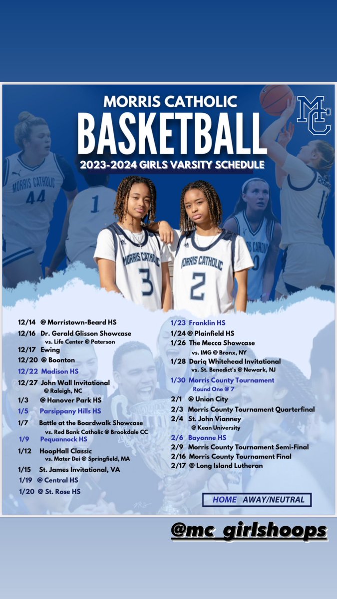 Schedule for <a href="/mcgirlshoops/">Morris Catholic Girls Basketball</a> 23-24 season! Last one best one!! 💙🤍

Please come out and support