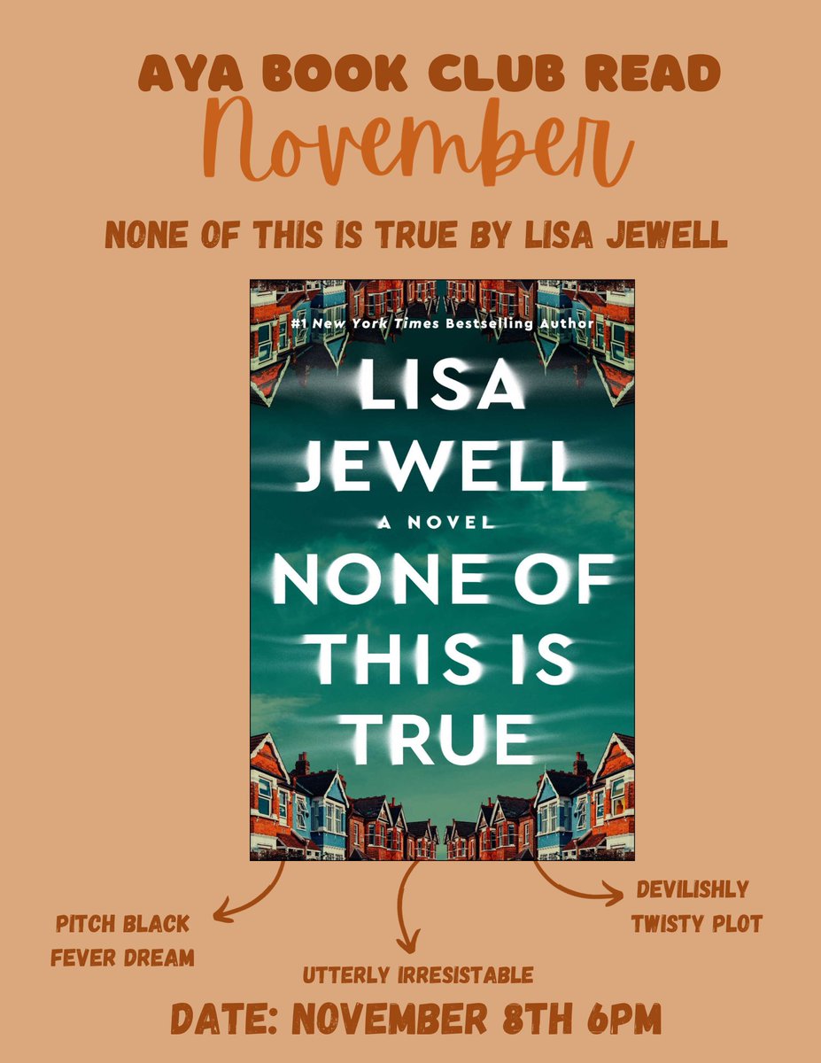 AYA Program at PMH (@ayaprogram) on Twitter photo Our November #AYABookClub pick is #noneofthisistrue by Lisa Jewell! This dark and twisty book is one you don’t want to miss out! Join us on Wednesday October 8th at 6pm.
You must RSVP to get the link at aya@uhn.ca 🤍
_________
#aya #bookclub Our November #AYABookClub pick is #noneofthisistrue by Lisa Jewell! This dark and twisty book is one you don’t want to miss out! Join us on Wednesday October 8th at 6pm.
You must RSVP to get the link at aya@uhn.ca 🤍
_________
#aya #bookclub