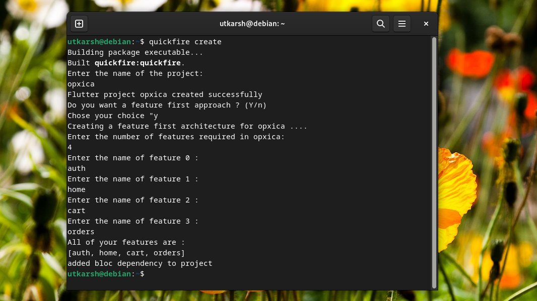 twtutkarsh's tweet image. Dear #FlutterDevs
Here is an update over &apos;quickfire&apos;.
I) Till now, it can create a flutter project with feature-first approach (bloc, UI, Repo and Widgets folder)
II) It can create a basic scaffold for every UI
III) It can create a bloc files

Will share the repo really soon 🚀