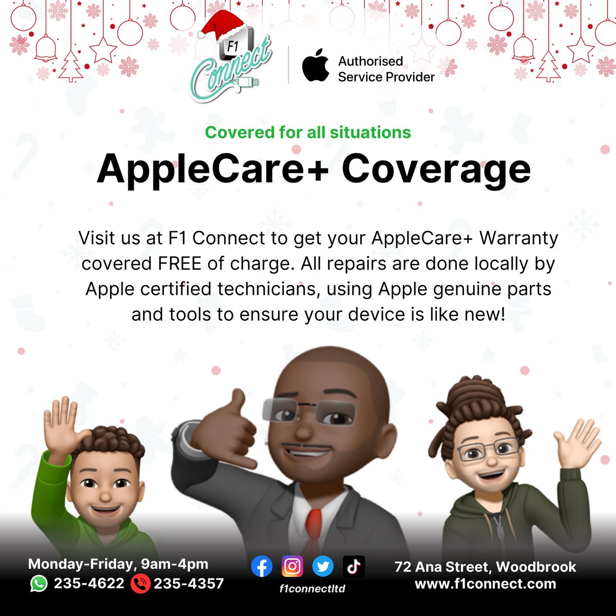 f1connectltd1's tweet photo. It’s always Christmas at F1 Connect when you get your Apple devices repaired at F1 Connect for FREE!!!

Visit us: 72 Ana Street, Woodbrook. 2nd building on the left after the corner of Warren &amp; Ana Street.
Monday - Friday, 9AM - 4PM
Visit our website: https://t.co/K1Y1m6ZVRc https://t.co/o37GygmJCB
