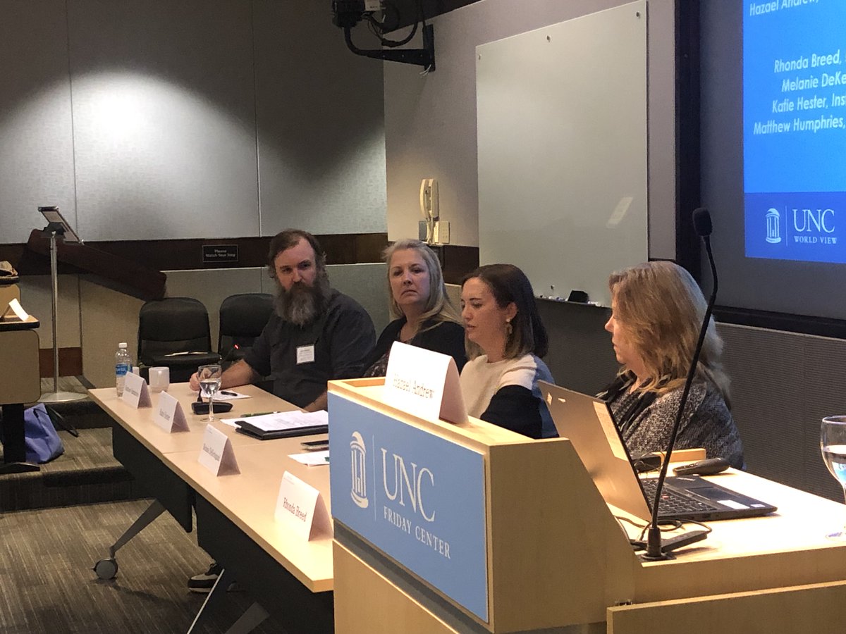 Rhonda Breed, Melanie DeKerlegand, @KatieHesterBio, and Matthew Humphries spoke on a panel that explored the innovative lessons they've created as they #globalized their courses through #UNCWorldView
