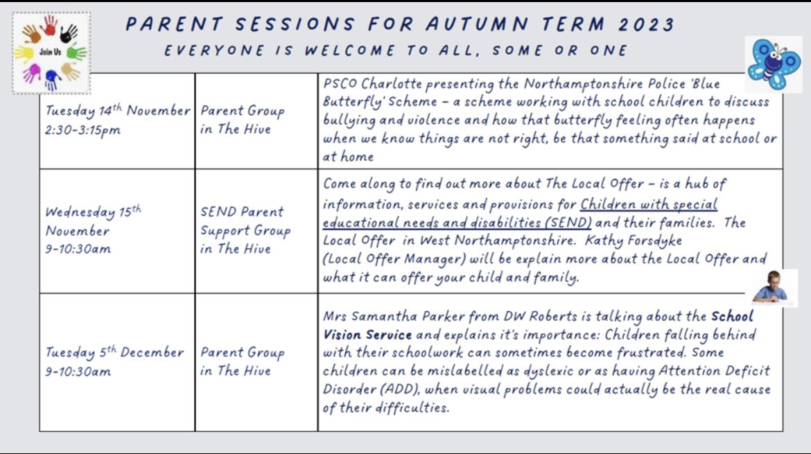 Calling all parents! Come along to our parent sessions this term: listen to PSCO Charlotte talk about the #bluebutterfly🦋 Scheme, find out more about the #localoffer and what they offer! Ever wondered if your child would benefit from the school vision assessment? #parentsmatter
