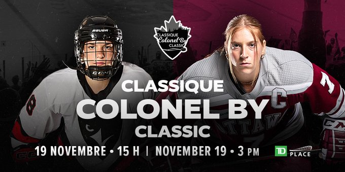 Ravens and Gee-Gees women’s hockey teams will be playing for the Alerts Cup in the annual Colonel By Classic game 🏒
The Arena at TD Place on November 19 (3PM)!
Come watch the cross-town rivals in their battle for this year’s title. 
Tickets: tdplace.ca/event/colonel-…