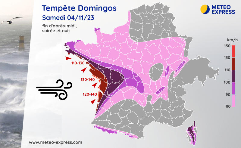 MeteoExpress's tweet photo. 🌀 La tempête Domingos touchera notamment l'ouest avec des rafales maximales de 120-140 km/h sur les côtes atlantiques samedi soir ! Plus d'infos au https://t.co/LaMfjbuEFY https://t.co/0jh2fug34v