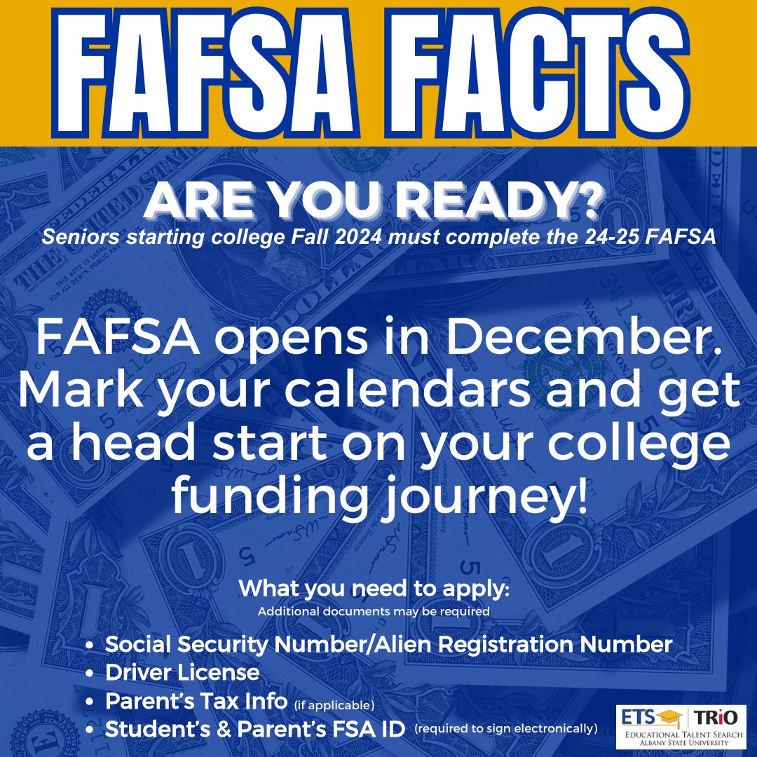 Get ready to secure your financial future! 📷
FAFSA opens in December, so don't miss out on the opportunities it brings. Start preparing now to make the most of this valuable resource for your education.
#asuetscollegeprepfriday #FAFSAReady #FinancialAid #FutureFocused