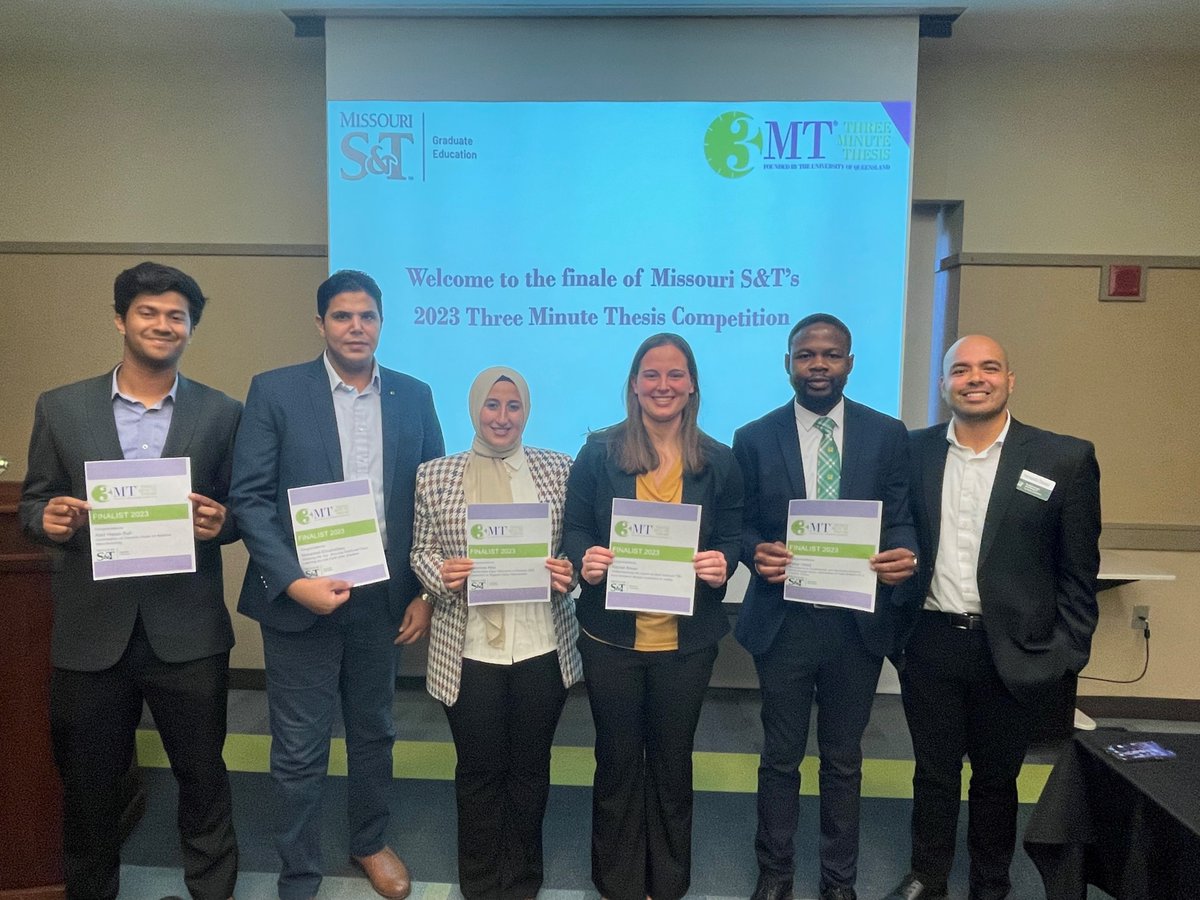 SandTGrdStudies's tweet photo. Great job to our finalists and winners of this year's 3 Minute Thesis competition! Yasmine from Comp Sci took 1st and will represent us at Regionals. Rachel from Explosives Eng took runner up as well as People's Choice award! Great work by our #Graduate students. #3MT #MinerPride https://t.co/EyCKGRVd2M