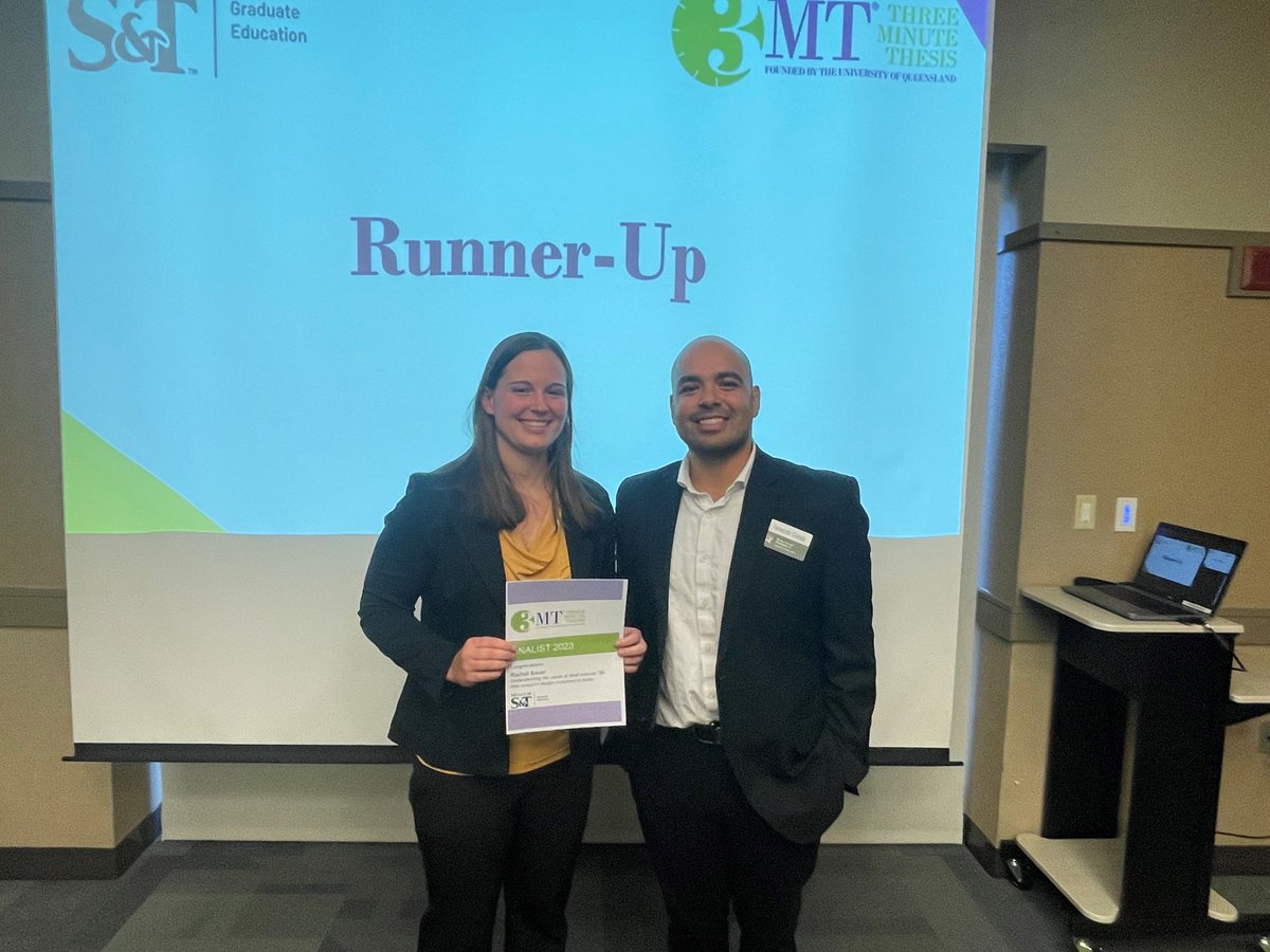 SandTGrdStudies's tweet photo. Great job to our finalists and winners of this year's 3 Minute Thesis competition! Yasmine from Comp Sci took 1st and will represent us at Regionals. Rachel from Explosives Eng took runner up as well as People's Choice award! Great work by our #Graduate students. #3MT #MinerPride https://t.co/EyCKGRVd2M