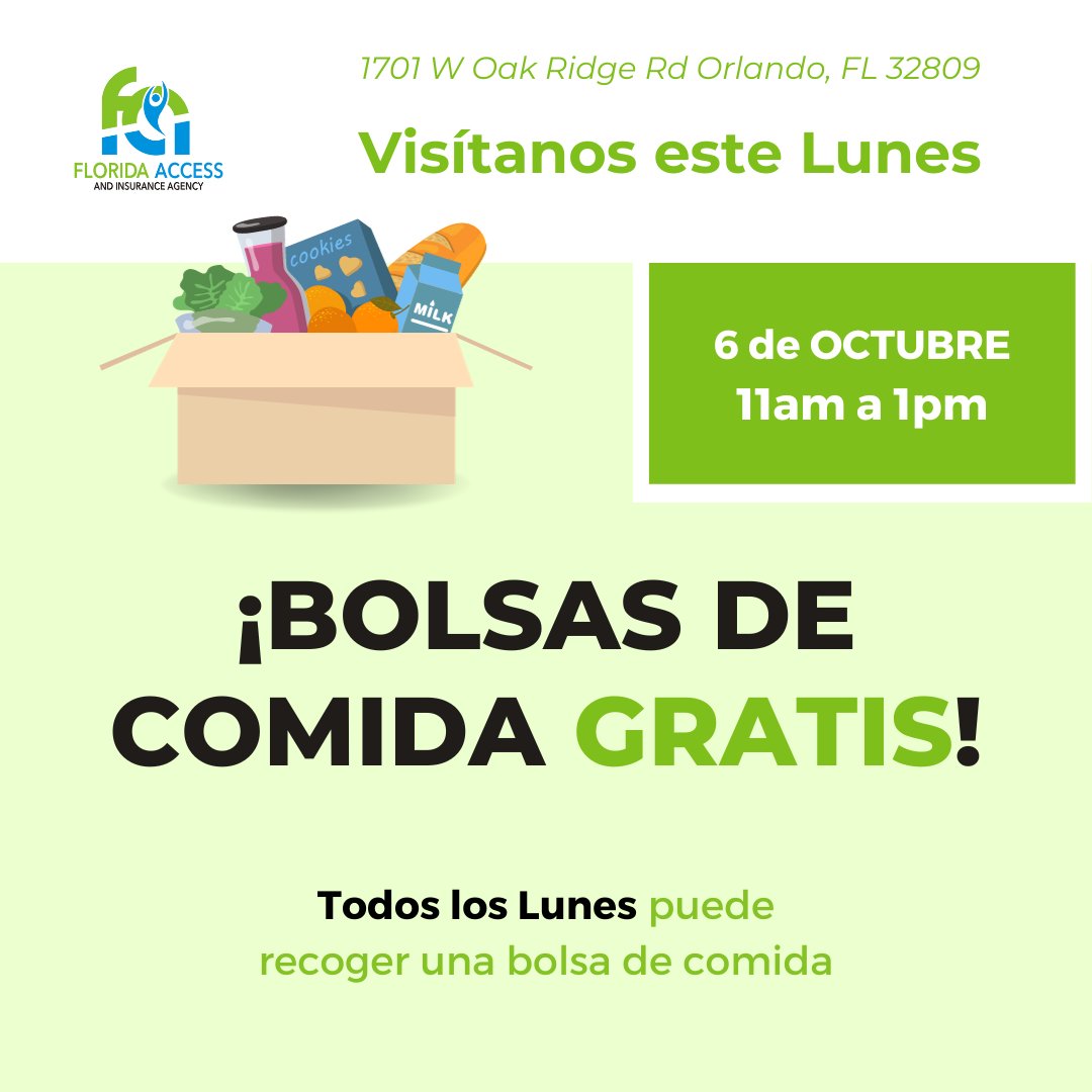 NOS PREOCUPAMOS POR TI Y TU FAMILIA. VEN A FLORIDA ACCESS EL LUNES Y DÉJANOS AYUDARTE.💙💚 #Health #insurance #aca #medicare #medicaid #family #newparents #olderadults #seniors #foodstamps #help #ally #foodbags #free #community #adults #plans #carriers #wellness #lifeinsurance